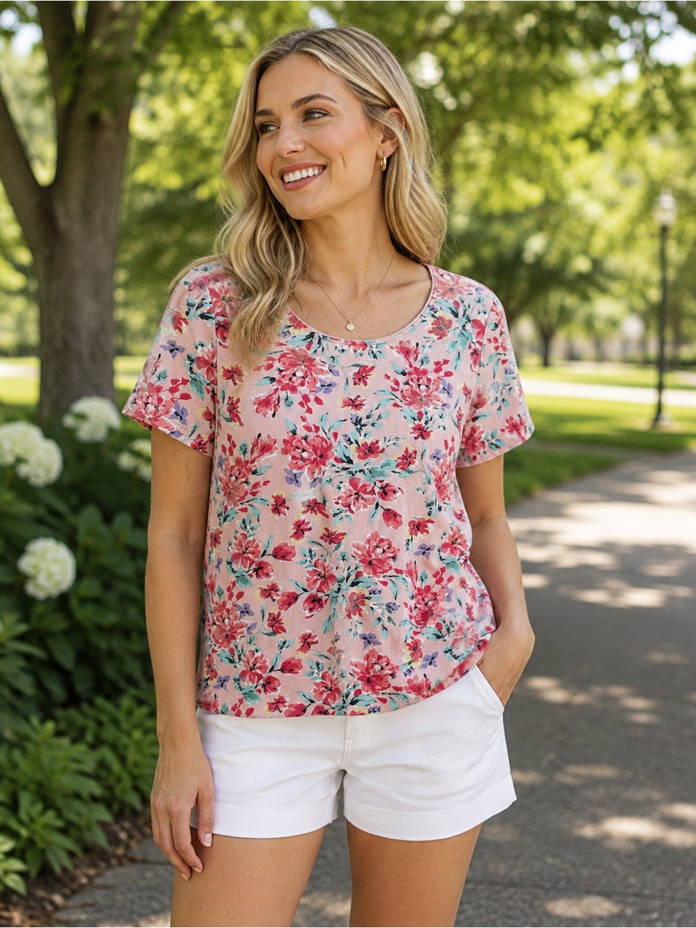 Karen Scott Pink Floral Scoop Neck Short Sleeve Top